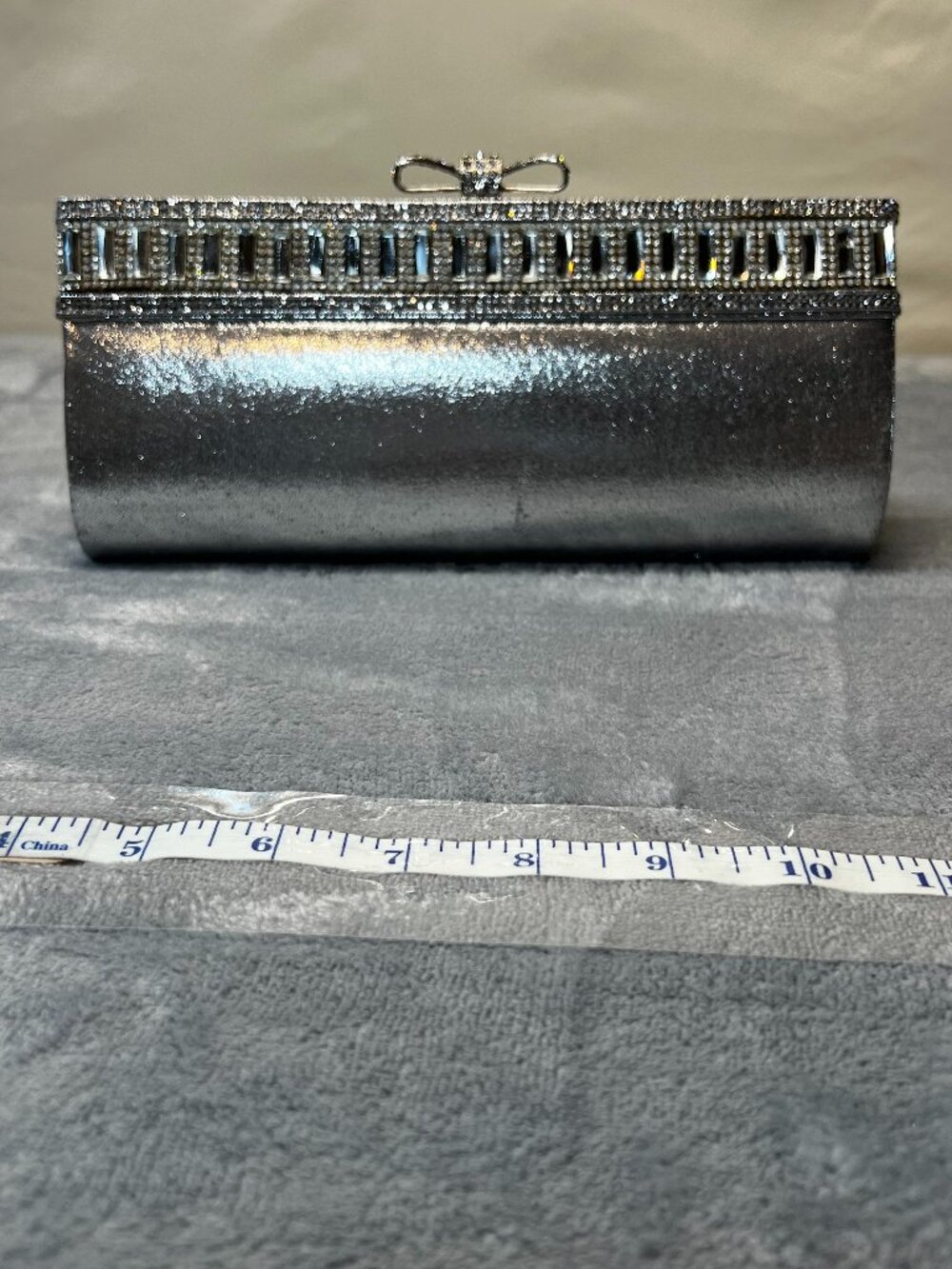 Lulu Townsend Silver Clutch Purse with Silver Chain Rhinestone Closure